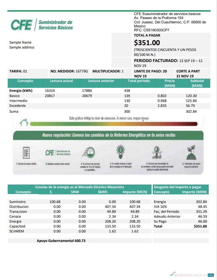 download Mexico Electricity CFE utility bill template in Word and PDF format, fully editable PDF template